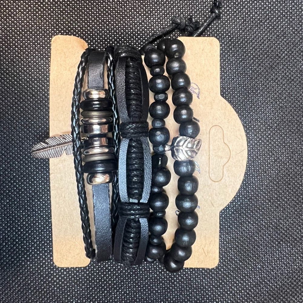 Set of 5 Black Beaded and Leather Bracelets with Feather Charm - Picture 4 of 5